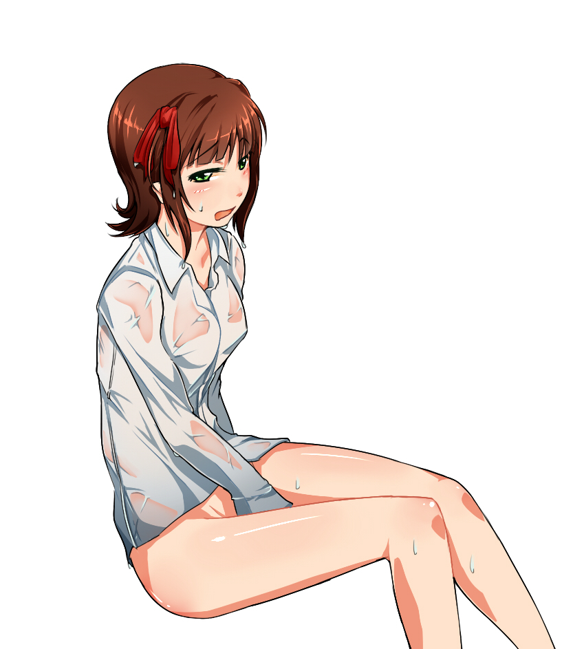 amami_haruka between_legs bottomless brown_hair collarbone eyebrows eyebrows_visible_through_hair green_eyes hadaka_megane hair_ribbon hand_between_legs idolmaster idolmaster_(classic) open_mouth red_ribbon ribbon shirt short_hair simple_background solo sweat wet wet_clothes wet_shirt white_background white_shirt