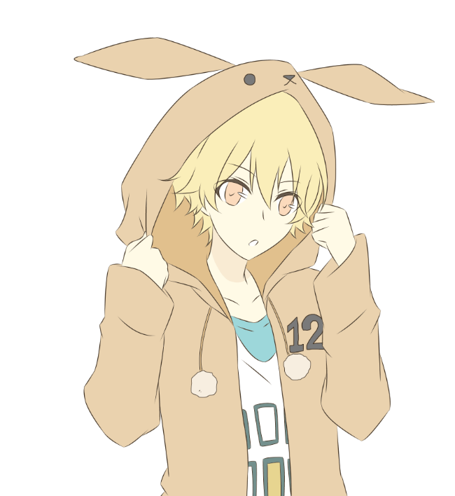 animal_hood blonde_hair bunny_hood hood hooded_jacket jacket male_focus number ren_(friends-love) shiwasu_kakeru simple_background solo tsukiuta upper_body white_background