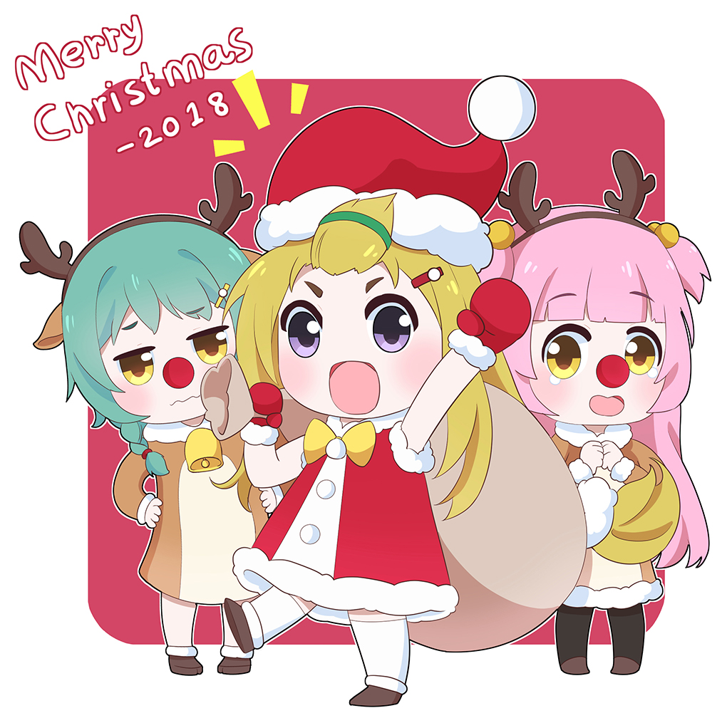 2018 3girls :d animal_costume animal_ears antlers arm_up azur_lane bangs bangs_pinned_back bell black_legwear blonde_hair blunt_bangs blush brown_dress brown_eyes brown_footwear brown_hairband charles_ausburne_(azur_lane) chibi christmas closed_mouth commentary_request dress fake_antlers foote_(azur_lane) fur-trimmed_dress fur-trimmed_hat fur-trimmed_mittens fur-trimmed_sleeves fur_trim green_hair hair_bobbles hair_ornament hairband hairclip hat holding holding_sack leaning_to_the_side leng_xiao merry_christmas mittens multiple_girls notice_lines open_mouth own_hands_together pantyhose pink_hair purple_eyes red_background red_dress red_hat red_mittens red_nose reindeer_antlers reindeer_costume reindeer_ears sack santa_costume santa_hat sleeveless sleeveless_dress smile spence_(azur_lane) standing standing_on_one_leg thighhighs two-tone_background two_side_up wavy_mouth white_background white_legwear