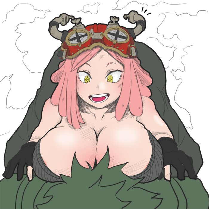 1girl boku_no_hero_academia breast_smother breasts cleavage goggles goggles_on_head hatsume_mei huge_breasts pink_hair tank_top yellow_eyes