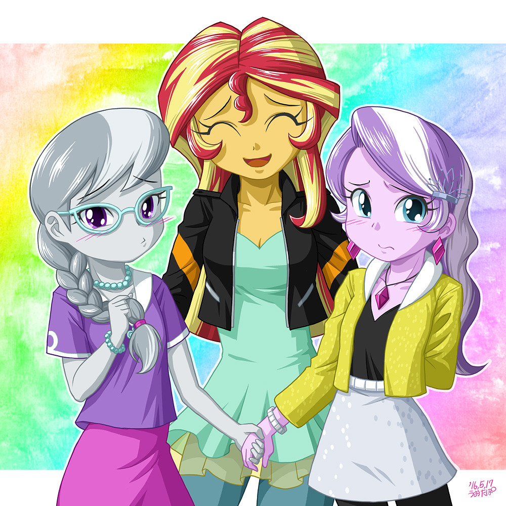 3girls blush diamond_tiara glasses hand_holding multiple_girls my_little_pony my_little_pony_equestria_girls my_little_pony_friendship_is_magic personification silver_spoon sunset_shimmer tagme uotapo