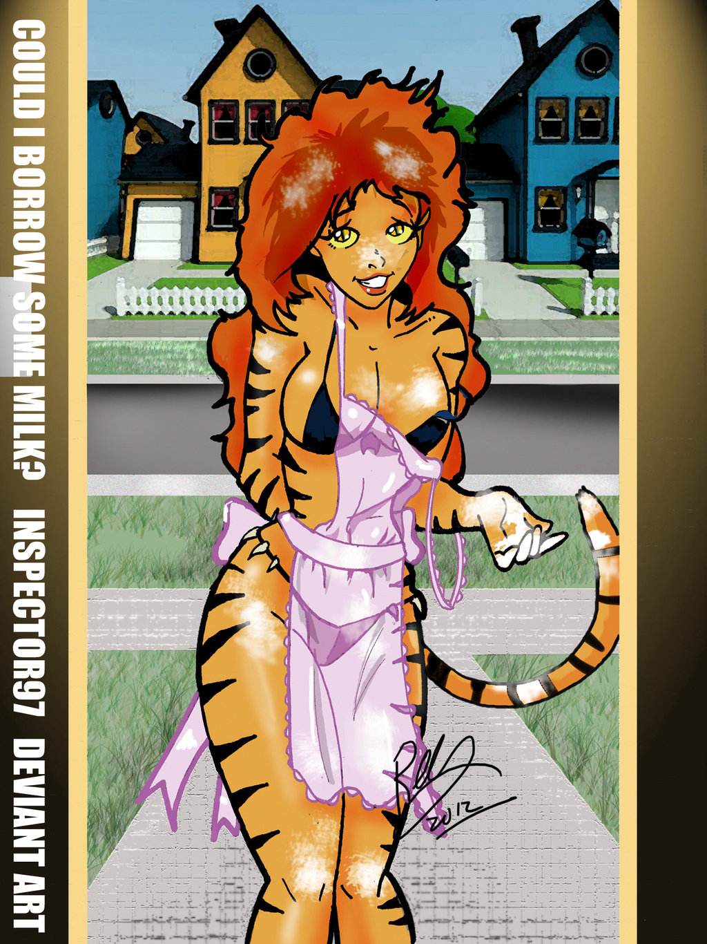 2012 animal_humanoid apron bikini breasts cleavage clothed clothing feline female hair hand_behind_back hi_res humanoid long_hair mammal off_shoulder outside red_hair smile solo swimsuit tiger tiger_humanoid tigra yellow_eyes