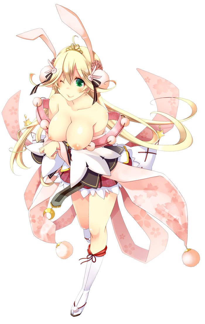 ahoge animal_ears bangs bell blonde_hair blush breast_lift breasts bunny_ears bunny_hair_ornament clothes_down commentary_request crescent green_eyes hair_between_eyes hair_ornament hair_ribbon jingle_bell kneehighs large_breasts long_hair looking_at_viewer nipples one_eye_closed pom_pom_(clothes) ribbon sandals shironeko_project simple_background skirt smile solo tabi theta_(ponkotsu_works) tiara tsukimi_(shironeko_project) very_long_hair white_background
