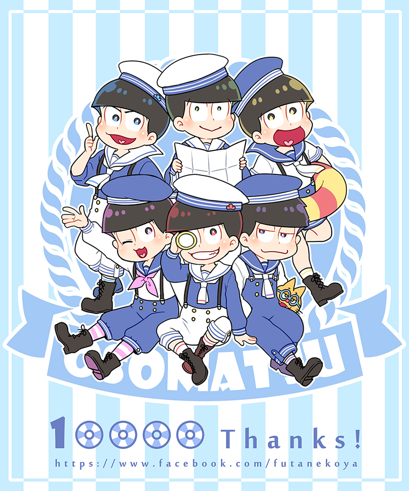 :&gt; black_eyes black_hair boots brothers cat chibi cross-laced_footwear esper_nyanko grin hat heart heart_in_mouth innertube lace-up_boots male_focus matsuno_choromatsu matsuno_ichimatsu matsuno_juushimatsu matsuno_karamatsu matsuno_osomatsu matsuno_todomatsu multiple_boys nightcat one_eye_closed open_mouth osomatsu-kun osomatsu-san overalls sailor sailor_hat sextuplets siblings sitting smile suspenders