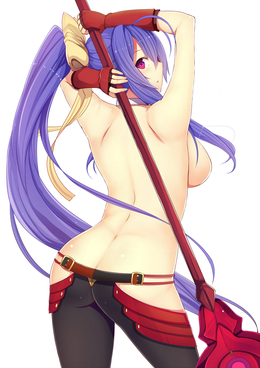 antenna_hair bangs behind_back black_pants blazblue blazblue:_central_fiction blazblue_variable_heart blue_hair blush bow breasts butt_crack cowboy_shot daiaru fingerless_gloves from_behind genderswap genderswap_(mtf) gloves hair_between_eyes hair_bow highres holding holding_weapon large_breasts long_hair looking_at_viewer lowleg lowleg_pants mai_natsume no_panties outseal pants polearm ponytail purple_eyes revealing_clothes ribbon sideboob sidelocks solo spear standing topless very_long_hair weapon yellow_bow