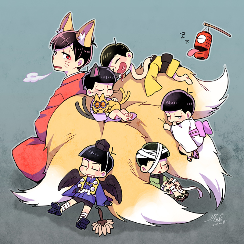 animal_ears bandages black_hair brothers cat_ears cat_tail chibi chouchin_obake closed_eyes dodomeki esper_nyanko extra_eyes fan fox_ears fox_tail geta hat japanese_clothes kimono kyuubi lantern male_focus matsuno_choromatsu matsuno_ichimatsu matsuno_juushimatsu matsuno_karamatsu matsuno_osomatsu matsuno_todomatsu multiple_boys multiple_tails nekomata nightcat osomatsu-kun osomatsu-san paper_lantern red_eyes rokurokubi sextuplets siblings sitting sleeping tail tengu-geta tokin_hat whisker_markings wings