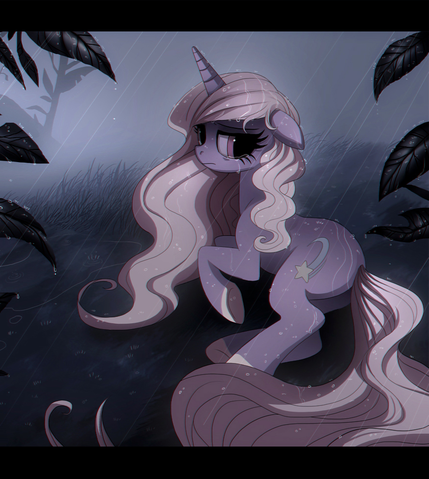 black_bars crying cutie_mark day equine eyelashes fan_character female feral grass hair hooves horn long_hair mammal my_little_pony nude outside pink_eyes raining ruhje solo tears unicorn water wet