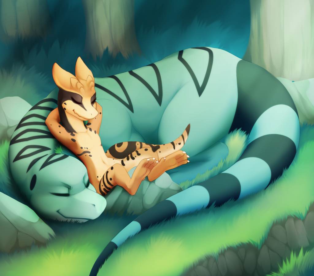 2016 absurd_res alpha_channel anidra armpits claws darkmirage day detailed_background digital_media_(artwork) duo estra eyes_closed female feral forest grass hi_res horn kobold lizard lying male male/female monitor_lizard outside relaxing reptile resting rock scalie sleeping smile toe_claws toes tree