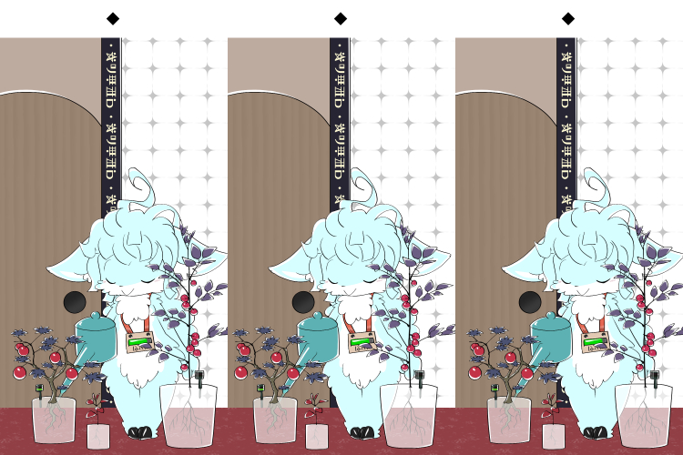 anthro blue_fur caprine cross_eye_stereogram door eyes_closed fur inside konzaburou lintw mammal neck_tuft plant sheep smile solo standing stereogram text tuft wall_eye_stereogram watering_can