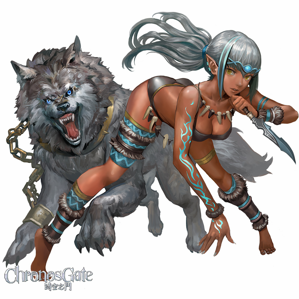 ankle_wrap ass barefoot bent_over bikini blue_eyes breasts chain chronos_gate cleavage collar dagger danann dark_skin fangs fingernails jewelry leg_warmers long_fingernails long_hair looking_to_the_side medium_breasts necklace parted_lips pointy_ears spread_legs swimsuit tattoo thigh_strap tribal weapon wolf yellow_skin