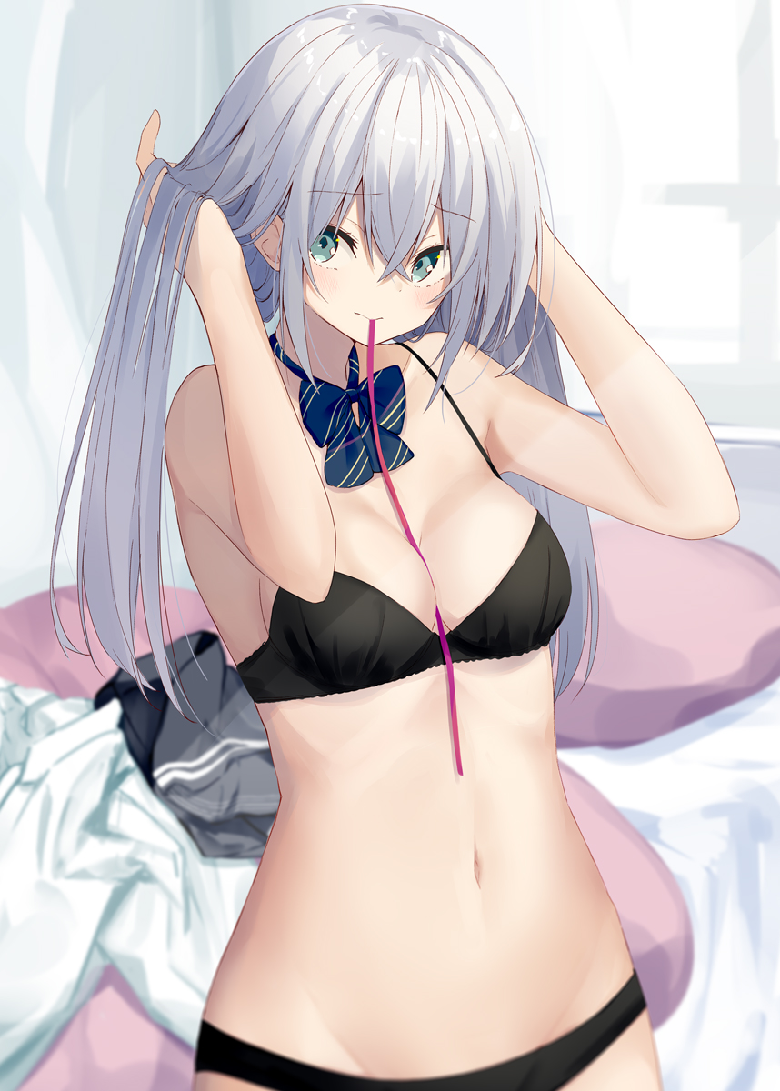 1girl arms_up bangs bare_arms bare_shoulders bed between_breasts black_bra black_panties blue_neckwear blush bow bowtie bra breasts closed_mouth collarbone commentary_request diagonal-striped_neckwear diagonal_stripes eyebrows_visible_through_hair green_eyes grey_skirt groin hair_between_eyes hands_in_hair highres kavka long_hair looking_at_viewer medium_breasts mouth_hold original panties pillow ribbon ribbon_in_mouth shirt shirt_removed silver_hair skirt skirt_removed solo striped striped_neckwear underwear underwear_only white_shirt