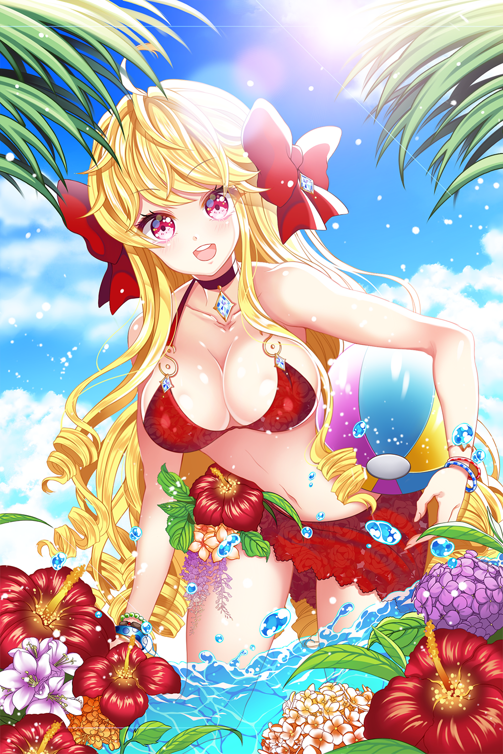 :d ahoge ball beachball bikini blonde_hair blue_sky blush bow bracelet choker cloud day drill_hair flower gem grass hair_bow hair_flower hair_ornament hibiscus highres hydrangea ie_(nyj1815) jewelry leaf long_hair looking_at_viewer open_mouth original outdoors partially_submerged pink_eyes red_bikini red_bow red_eyes sky smile solo swimsuit teeth very_long_hair water water_drop wisteria