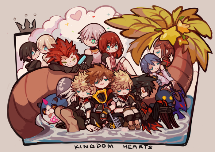 6+boys aqua_(kingdom_hearts) axel_(kingdom_hearts) black_coat_(kingdom_hearts) cloud crown dream_eater everyone food fruit heart heart-shaped_pupils heartless kairi_(kingdom_hearts) kingdom_hearts momoppi multiple_boys multiple_girls namine nobody_(kingdom_hearts) palm_tree riku roxas sleeping smile sora_(kingdom_hearts) spiked_hair starfruit symbol-shaped_pupils terra_(kingdom_hearts) tree unversed vanitas ventus water xion_(kingdom_hearts)