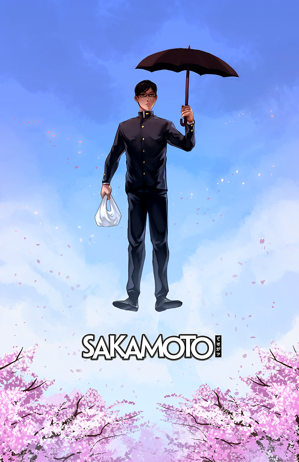 amano-g bag black-framed_eyewear black_hair cherry_blossoms copyright_name gakuran glasses highres male_focus mary_poppins parody sakamoto sakamoto_desu_ga? school_uniform semi-rimless_eyewear shopping_bag solo umbrella under-rim_eyewear