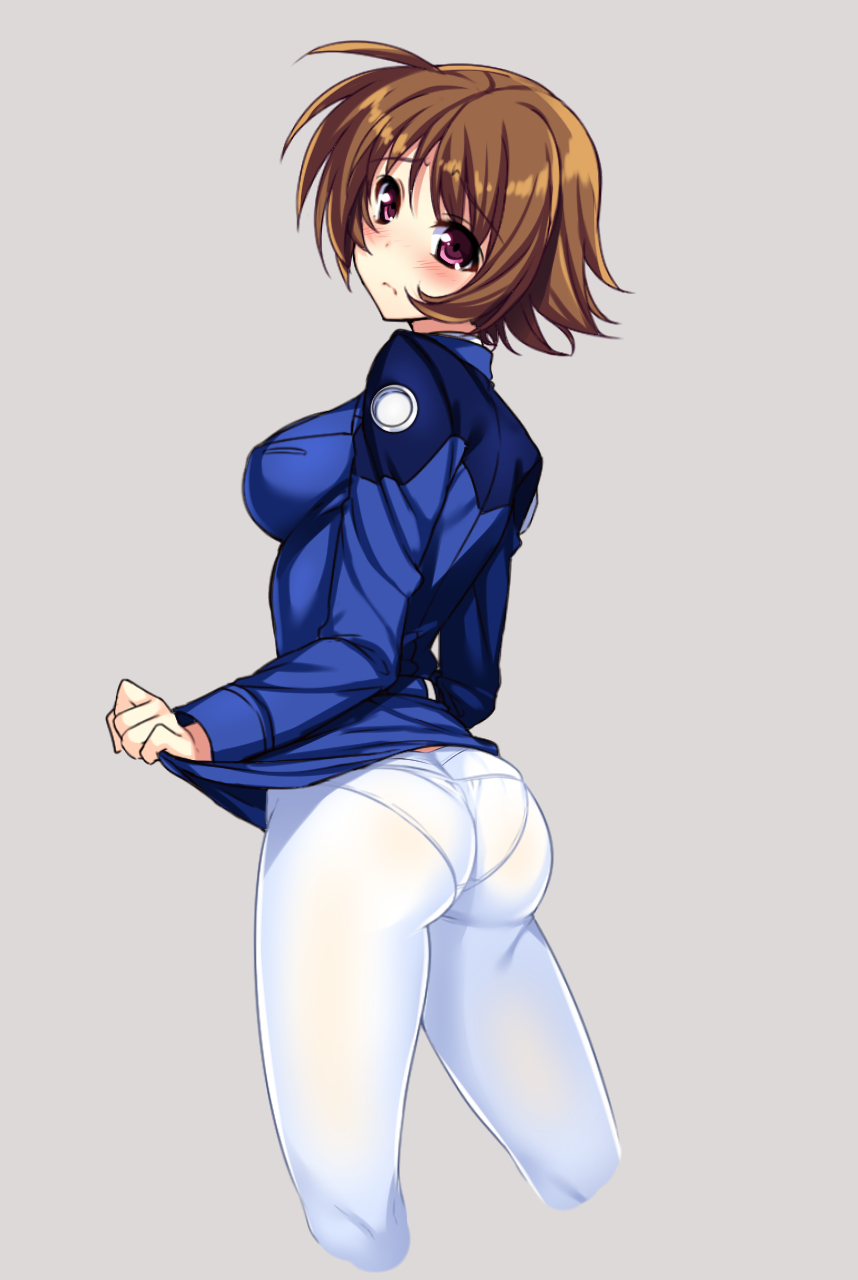 amy_limiette ass blush breasts brown_hair cropped_legs from_behind grey_background highres long_sleeves looking_at_viewer looking_back lyrical_nanoha medium_breasts military military_uniform panties panties_under_pantyhose pantyhose pantylines purple_eyes raiou short_hair simple_background solo tsab_naval_military_uniform underwear uniform white_legwear