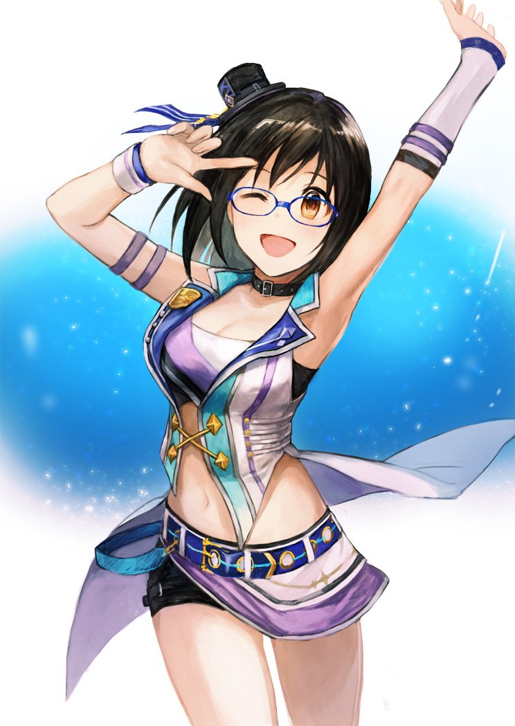 1girl black_hair breasts brown_eyes cleavage glasses hat idolmaster idolmaster_cinderella_girls idolmaster_cinderella_girls_starlight_stage kamijou_haruna medium_breasts navel open_mouth outstretched_arm short_hair smile solo top_hat v