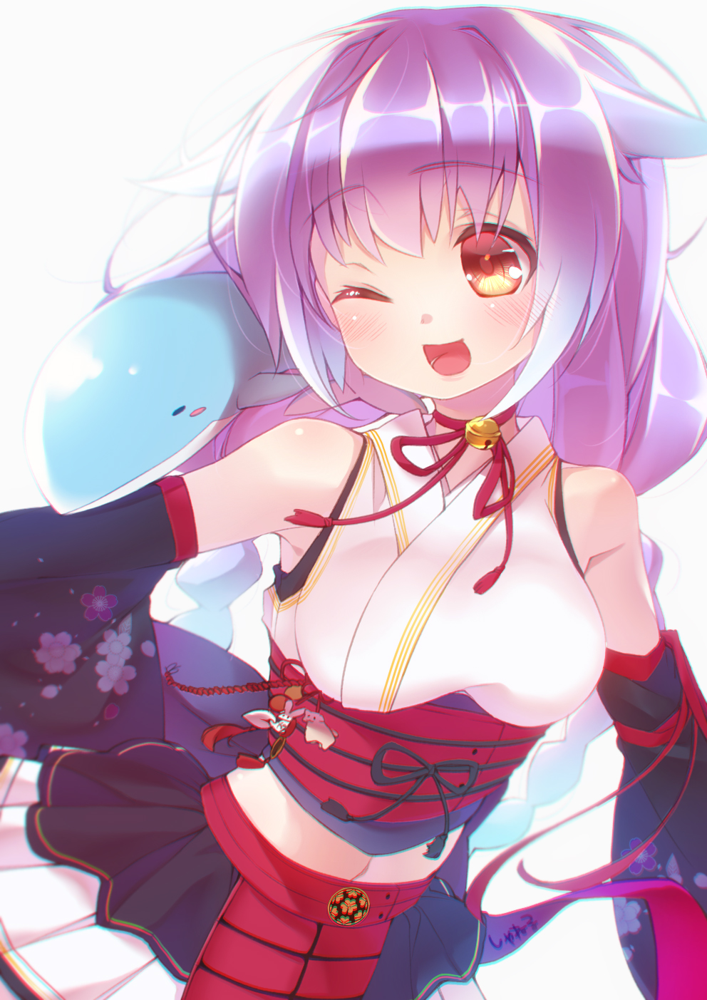 ;d bell bell_choker blush blush_stickers braid breasts brown_eyes choker detached_sleeves eyebrows eyebrows_visible_through_hair floral_print head_tilt highres japanese_clothes jingle_bell long_hair medium_breasts midriff okou_(oshiro_project) one_eye_closed open_mouth oshiro_project purple_hair shaneru signature simple_background skirt smile solo twin_braids whale white_background