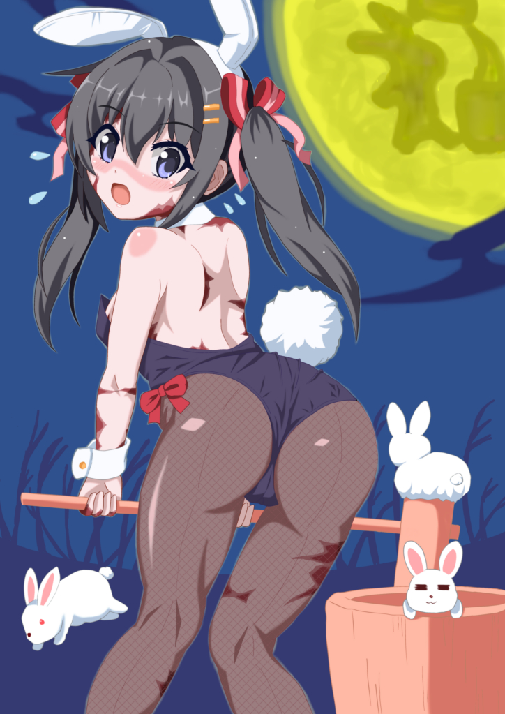 :3 :o =_= alternate_hairstyle animal_ears ass back bare_shoulders black_hair blue_eyes blush bunny bunny_ears bunny_tail bunnysuit burn_scar detached_collar dorei_to_no_seikatsu_~teaching_feeling~ fake_animal_ears fishnet_pantyhose fishnets flying_sweatdrops from_behind full_moon hair_ornament hair_ribbon hairclip kine leaning_forward long_hair looking_at_viewer looking_back mallet moon night open_mouth pantyhose ribbon scar solo sylvie_(dorei_to_no_seikatsu) tail takahiko twintails wrist_cuffs yellow_moon
