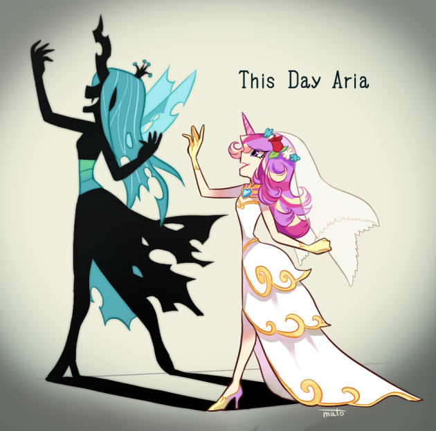 artist_name blue_hair bridal_veil different_shadow dress english evil_smile fang flower gloves hair_flower hair_ornament heart high_heels horn insect_wings long_dress mato_(10234) multiple_girls my_little_pony my_little_pony_friendship_is_magic pink_eyes pink_hair princess_mi_amore_cadenza queen_chrysalis shadow smile veil wedding_dress white_dress wings