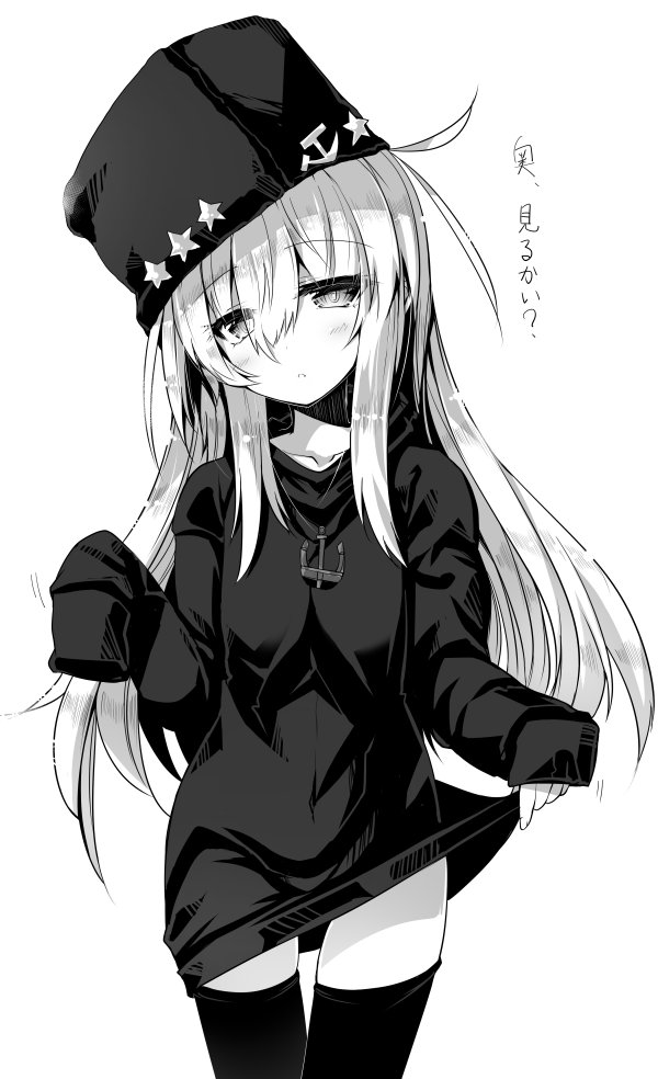 1girl :o ai_takurou alternate_costume anchor anchor_necklace bangs black_legwear blush bottomless collarbone cosplay eyebrows_visible_through_hair greyscale hammer_and_sickle hat hibiki_(kantai_collection) holding jewelry kantai_collection long_hair long_sleeves looking_at_viewer monochrome navel necklace open_mouth papakha shirt simple_background solo star tashkent_(kantai_collection) tashkent_(kantai_collection)_(cosplay) translation_request verniy_(kantai_collection) white_background