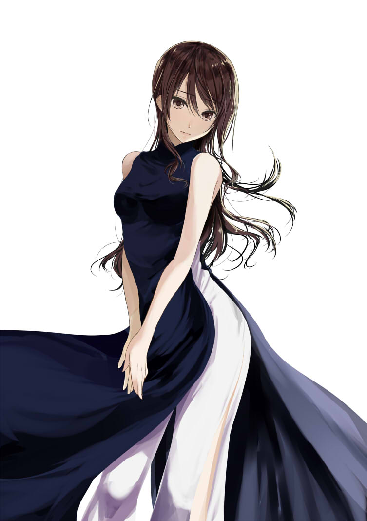 bangs bare_arms bare_shoulders breasts brown_eyes brown_hair character_request chef_no_kimagure_salad closed_mouth commentary_request cowboy_shot long_hair looking_at_viewer medium_breasts pants pelvic_curtain simple_background sleeveless solo standing v_arms vietnamese_dress white_background white_pants