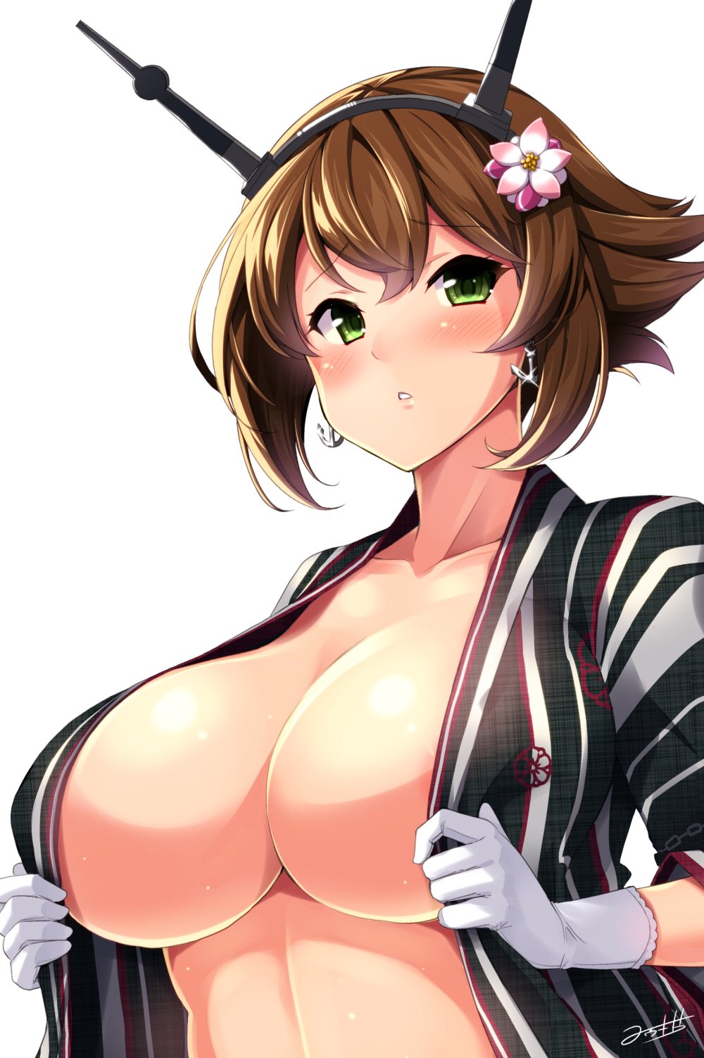 alternate_costume anchor anchor_earrings areola_slip areolae artist_name blush breasts brown_hair chrysanthemum cleavage collarbone commentary_request earrings flower gloves green_eyes hair_flower hair_ornament headgear highres huge_breasts japanese_clothes jewelry kantai_collection kimono looking_at_viewer mutsu_(kantai_collection) open_clothes open_kimono open_mouth shiny shiny_skin short_hair simple_background solo striped striped_kimono white_background white_gloves wide_sleeves yukata yuuki_hb