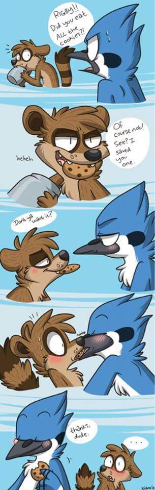 ... 2015 angry anthro avian beak bird black_body black_nose blue_background blue_body blue_jay blush brown_fur cartoon_network caught chest_tuft clothed clothing comic confusion cookie corvid cute dialogue duo eating english_text eye_contact eyes_closed fangs feathers flirting food fur grin half-closed_eyes hi_res humor kissing male male/male mammal markings mordecai_(regular_show) open_mouth raccoon regular_show rigby_(regular_show) shocked simple_background smile speech_bubble striped_tail stripes surprise sweat tan_fur teasing teeth text tongue topless tuft white_body xiamtheferret