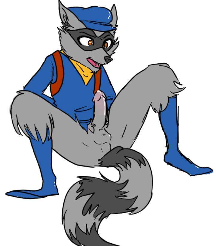 anthro balls bandanna boots brown_eyes clothing erection footwear fur hands_behind_back hat humanoid_penis maddogfan male mammal mask open_mouth penis precum raccoon simple_background sitting sly_cooper sly_cooper_(series) solo video_games