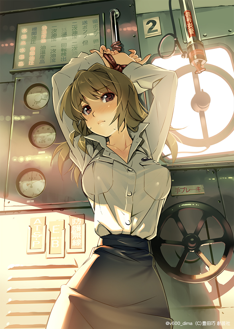 against_wall arms_up bdsm blush bondage bound breasts brown_eyes collarbone commentary_request green_hair koumi_haruka large_breasts long_hair long_sleeves looking_at_viewer pencil_skirt rail_wars! revision rope shirt_tucked_in skirt solo sweat tied_up uniform vania600