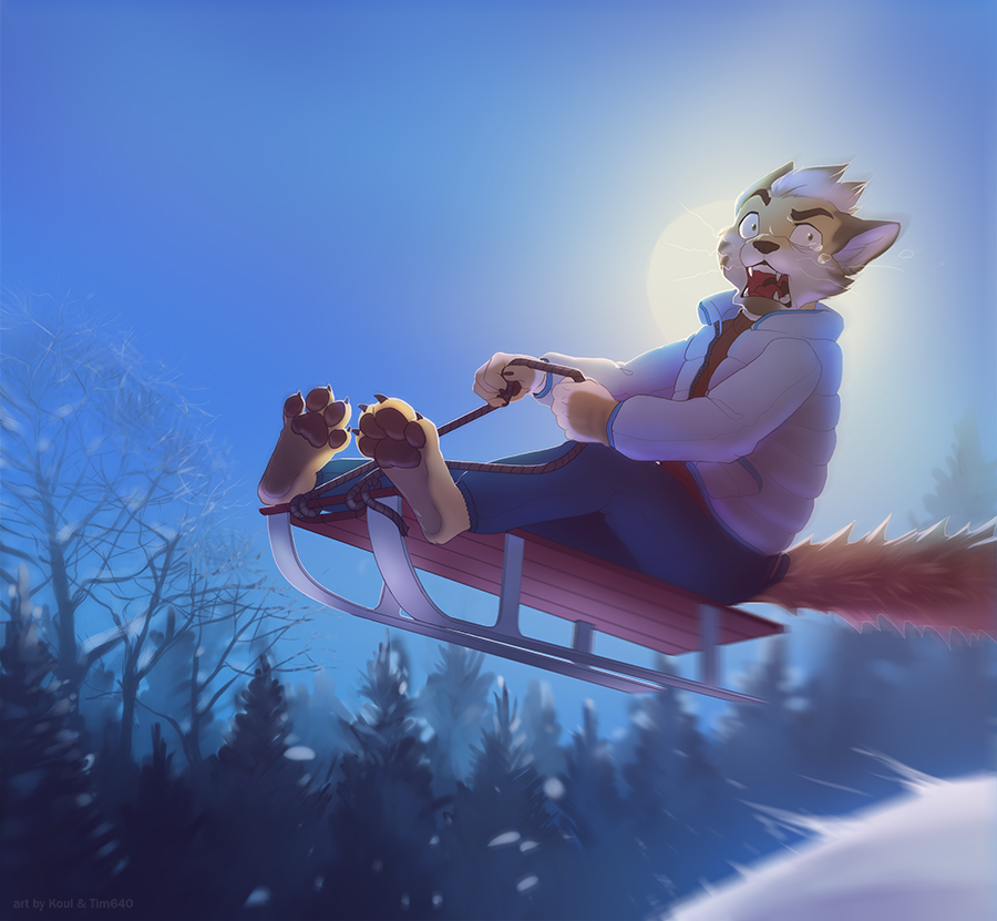 4_toes 5_fingers anthro barefoot canine clothed clothing day detailed_background dog eyebrows fluffy fluffy_tail fur hair koul male mammal narrow_eyes open_mouth outside pawpads sitting sky sled solo tan_fur teeth tim640 toes tongue uvula white_fur white_hair