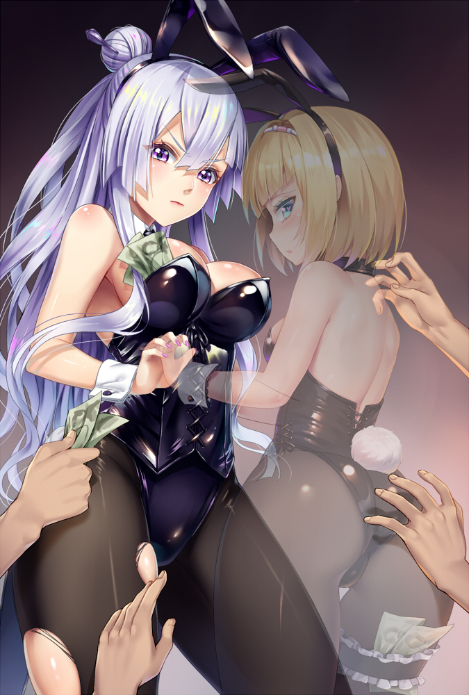 animal_ears ass ass_grab back bangs bare_shoulders blonde_hair blue_eyes blush breasts bunny_ears bunny_tail bunnysuit collaboration detached_collar fake_animal_ears frolaytia_capistrano giving grabbing_another's_ass groping hair_bun hair_ornament hairband hands haneru heavy_object holding_hands large_breasts lavender_hair leotard long_hair looking_at_viewer looking_back milinda_brantini money money_hold multiple_girls mvv pantyhose prostitution purple_eyes short_hair small_breasts solo_focus tail thigh_strap torn_clothes torn_legwear wrist_cuffs
