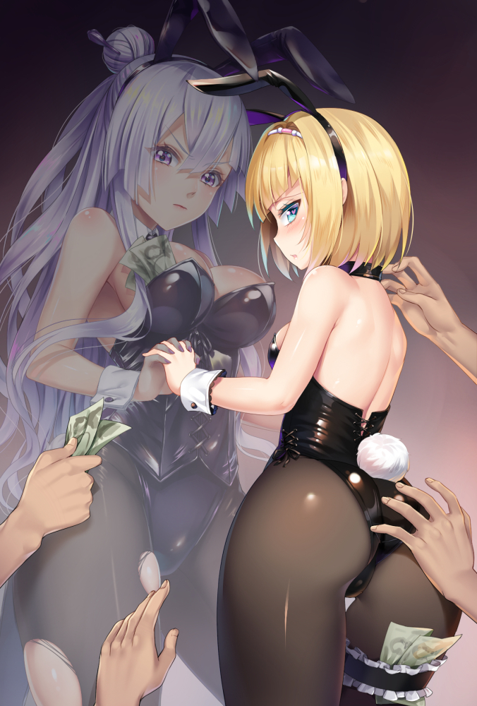 animal_ears ass ass_grab back backless_outfit bangs bare_shoulders blonde_hair blue_eyes blush breasts bunny_ears bunny_tail bunnysuit collaboration detached_collar fake_animal_ears frolaytia_capistrano giving grabbing_another's_ass groping hair_bun hair_ornament hairband hands haneru heavy_object holding_hands large_breasts lavender_hair leotard long_hair looking_at_viewer looking_back milinda_brantini money money_hold multiple_girls mvv pantyhose prostitution purple_eyes short_hair small_breasts solo_focus tail thigh_strap torn_clothes torn_legwear wrist_cuffs