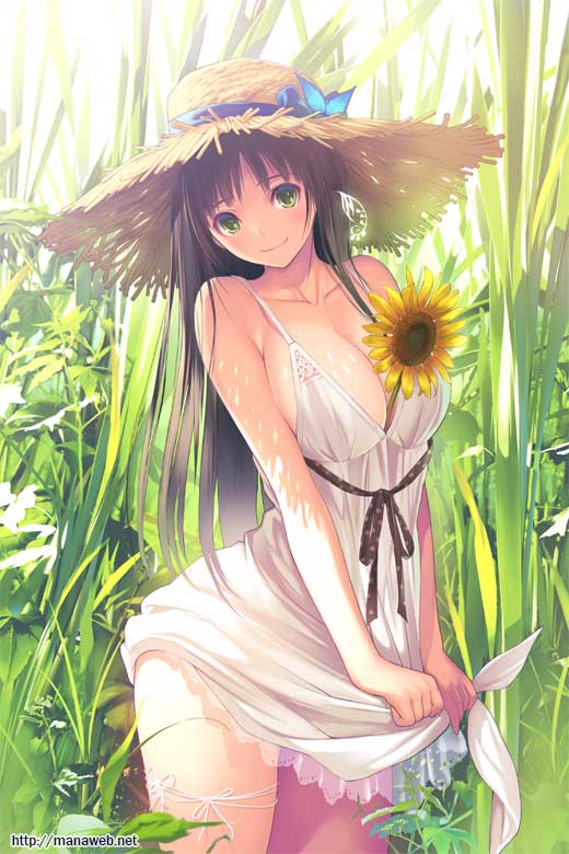 banned_artist between_breasts black_hair blush breasts cleavage collarbone dress flower green_eyes hat hat_ribbon jpeg_artifacts large_breasts long_hair looking_at_viewer mana_kakkowarai polka_dot ribbon smile solo straw_hat sunflower watermark web_address white_dress