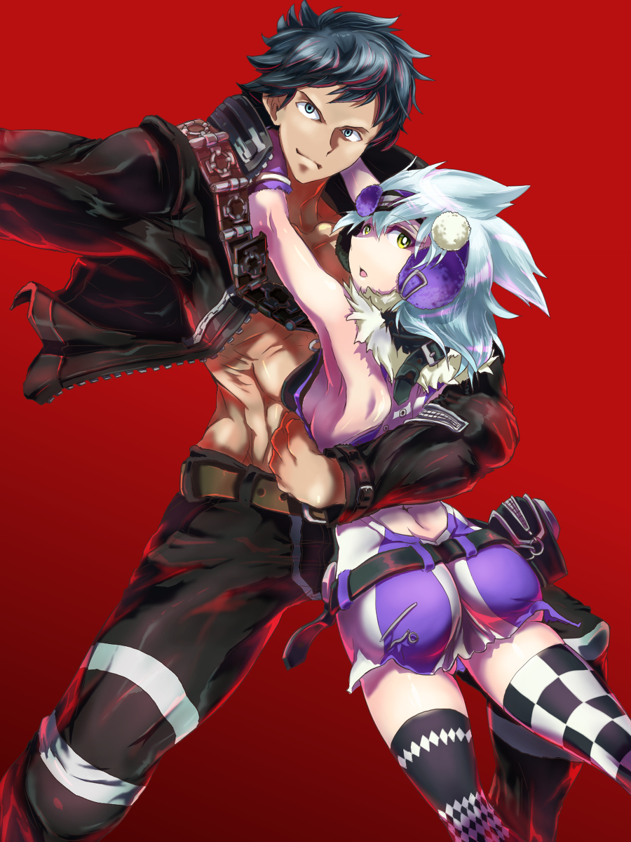 1boy 1girl ass blue_hair breasts character_request culdcept culdcept_revolt marupon pixiv_sample resized shorts smile white_hair