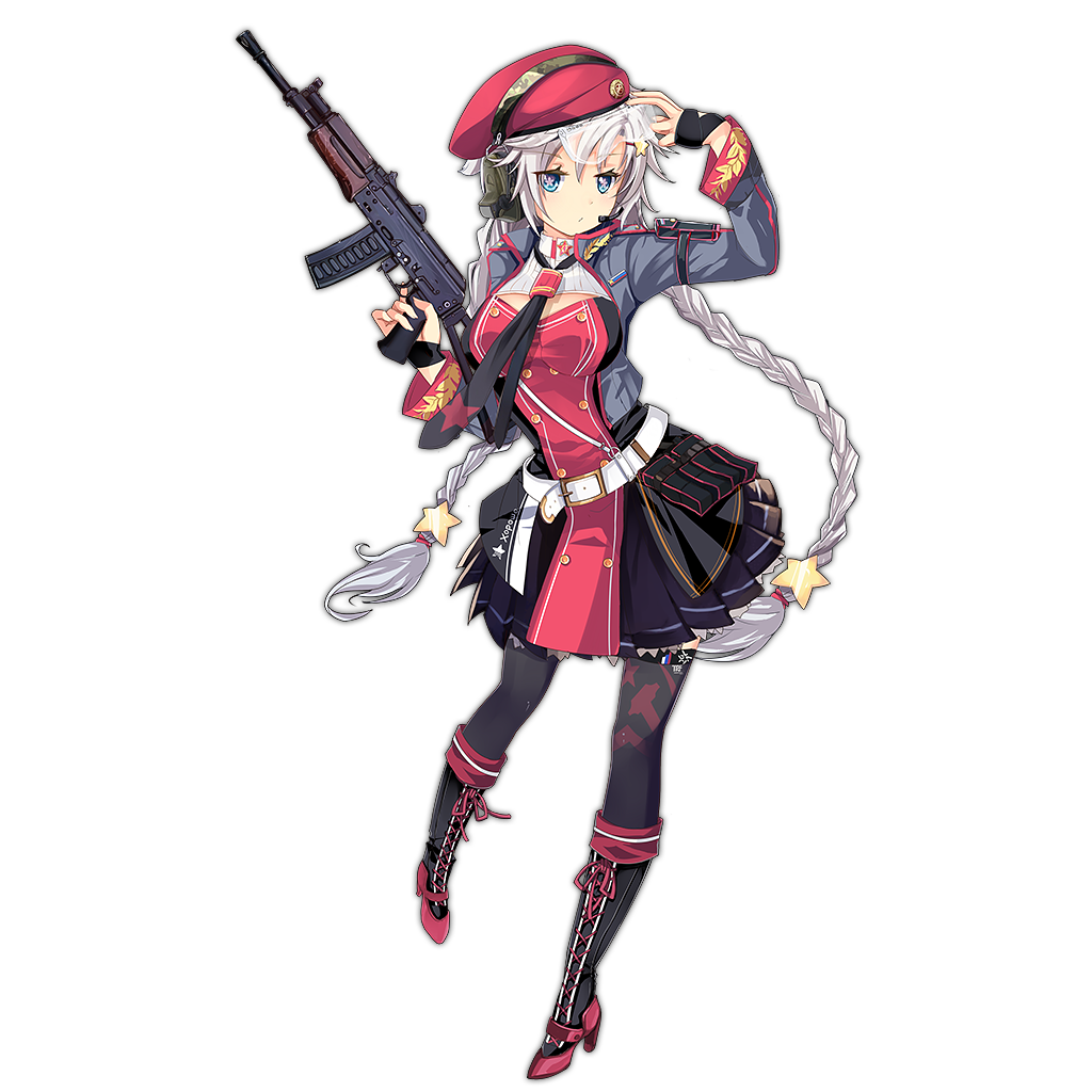 1girl beret between_breasts blue_eyes boots braid breasts cross-laced_footwear full_body girls_frontline goggles gun hair_ornament hammer_and_sickle hat headphones high_heel_boots high_heels holding holding_gun holding_weapon icywood knee_boots long_hair looking_at_viewer necktie necktie_between_breasts official_art ots-12 ots-12_(girls_frontline) pleated_skirt silver_hair skirt solo star star_hair_ornament tactical_clothes thighhighs transparent_background trigger_discipline twin_braids weapon
