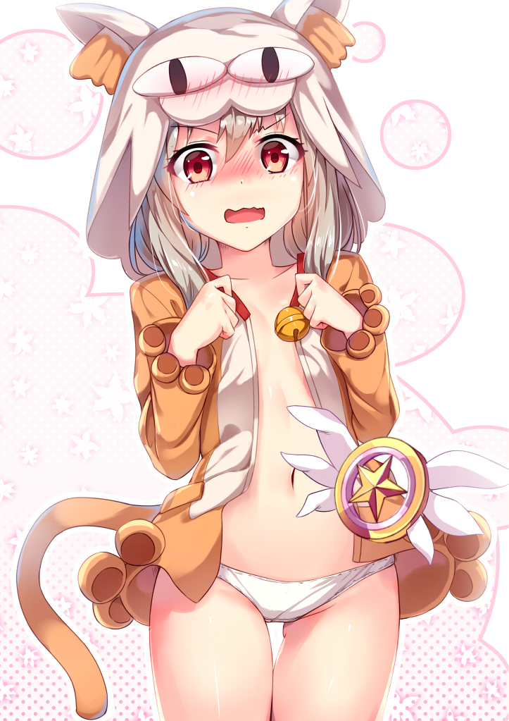 animal_ears animal_hood ass_visible_through_thighs bell blush cat_hood character_hood cowboy_shot embarrassed fate/kaleid_liner_prisma_illya fate_(series) hood hooded_jacket illyasviel_von_einzbern jacket jingle_bell long_hair long_sleeves looking_at_viewer magical_girl magical_ruby md5_mismatch navel nekoarc no_pants open_clothes open_jacket open_mouth panties paw_print red_eyes silver_hair solo star stomach tail thigh_gap underwear untied wavy_mouth white_background white_panties yan_(nicknikg)