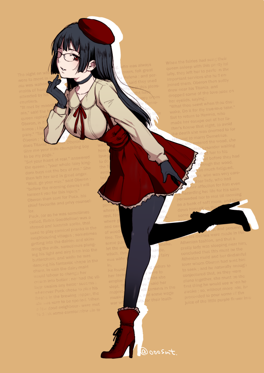 alternate_costume background_text beret black_gloves black_hair boots choker choukai_(kantai_collection) gloves hat high-waist_skirt high_heel_boots high_heels highres kantai_collection long_hair long_sleeves miniskirt osomatsu_(nanameno) pantyhose red_eyes red_skirt skirt solo twitter_username underbust