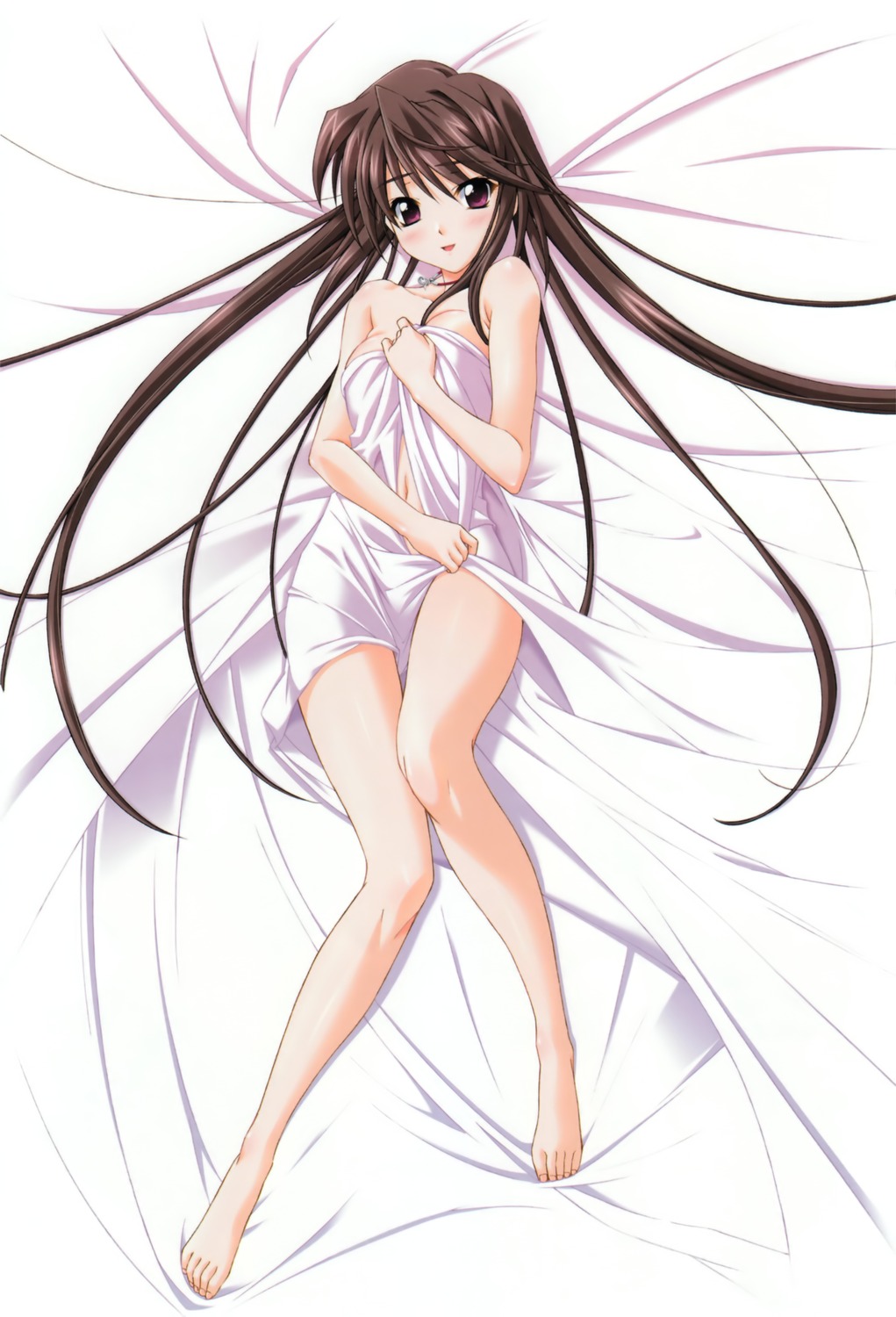 barefoot bed_sheet brown_eyes brown_hair collarbone dakimakura from_above highres hina_asuka imageboard_sample jewelry koshimizu_takayuki long_hair looking_at_viewer lying memories_off#5 naked_sheet navel necklace on_back solo