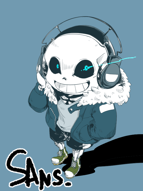 2016 animated_skeleton bone clothing english_text footwear glowing glowing_eyes headphones male monster not_furry sans_(undertale) skeleton smile solo text undead undertale video_games 鷹崎