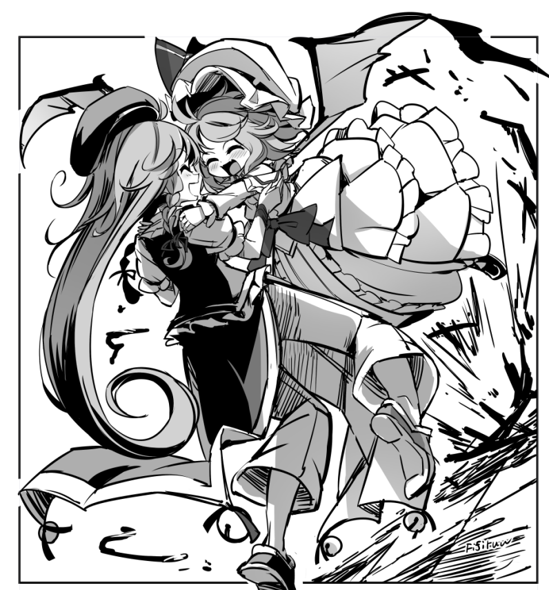 artist_name bat_wings blush braid catching chinese_clothes closed_eyes fifiruu frilled_skirt frills greyscale happy hat hong_meiling jumping long_hair long_skirt mob_cap monochrome multiple_girls pant pelvic_curtain remilia_scarlet shirt shoes short_hair short_sleeves skirt smile tangzhuang touhou twin_braids very_long_hair wings wrist_cuffs