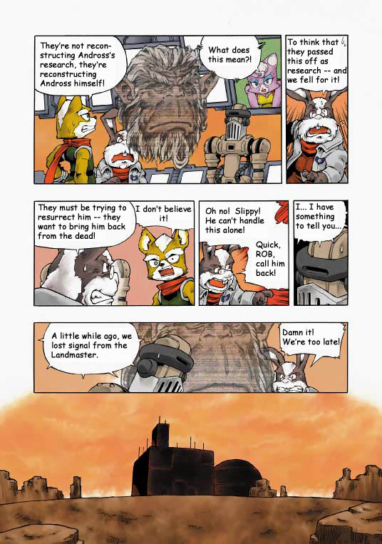 2002 andross anthro canine clothing comic dialogue english_text feline female fox fox_mccloud group katt_monroe machine male mammal monkey nintendo official_art primate rob_64 robot star_fox text unknown_artist video_games