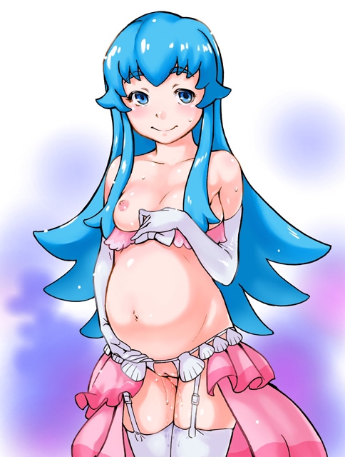 1girl blue_background blue_eyes blue_hair blush breasts collarbone dress elbow_gloves garter_belt garter_straps gloves gradient gradient_background long_hair looking_at_viewer navel nipples pink_dress pregnant pussy simple_background small_breasts smile solo standing sweat thighhighs white_gloves white_legwear