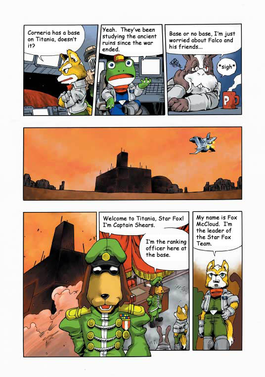 2002 amphibian anthro canine captain_shears clothing comic dialogue dog english_text fox fox_mccloud frog group lagomorph machine male mammal nintendo official_art peppy_hare rabbit rob_64 robot slippy_toad star_fox text unknown_artist video_games