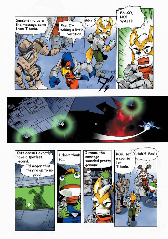 2002 amphibian anthro arwing avian bird canine clothing comic dialogue english_text falco_lombardi fox fox_mccloud frog group japanese_text lagomorph machine male mammal nintendo official_art peppy_hare rabbit rob_64 robot slippy_toad space star_fox text unknown_artist video_games