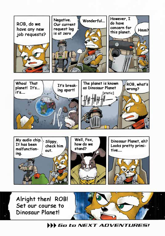 2002 amphibian anthro canine clothing comic dialogue english_text fox fox_mccloud frog group japanese_text lagomorph machine male mammal nintendo official_art peppy_hare planet rabbit rob_64 robot slippy_toad space star_fox text unknown_artist video_games