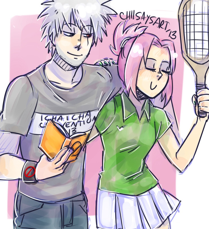 1boy 1girl alternative_hairstyle female haruno_sakura hatake_kakashi male naruto naruto_(series) pink_hair white_hair