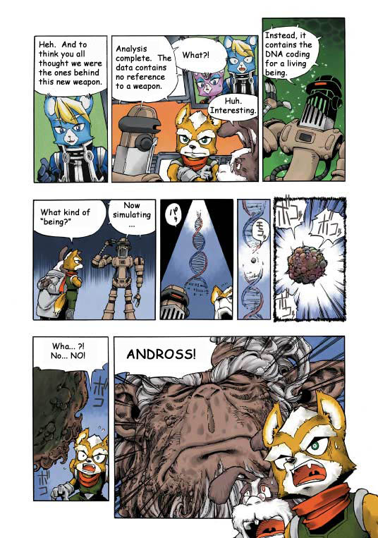 2002 andross anthro canine clothing comic dialogue english_text fox fox_mccloud group lagomorph machine male mammal monkey nintendo official_art peppy_hare primate rabbit rob_64 robot star_fox text unknown_artist video_games