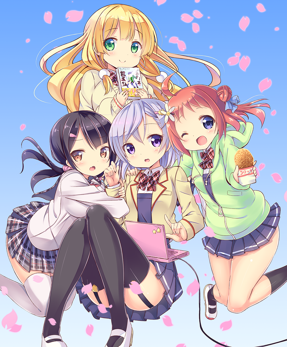 ;d black_hair blonde_hair blue_eyes blush brown_eyes character_request computer convenient_leg croquette floating fukuchi_kaori garter_straps girl_sandwich green_eyes hibino_yuika highres hoshizawa_nabi jk_shousetsuka_poi kurou_(quadruple_zero) laptop long_hair looking_at_viewer multiple_girls one_eye_closed open_mouth purple_eyes red_hair sandwiched school_uniform shoes silver_hair smile thighhighs uwabaki