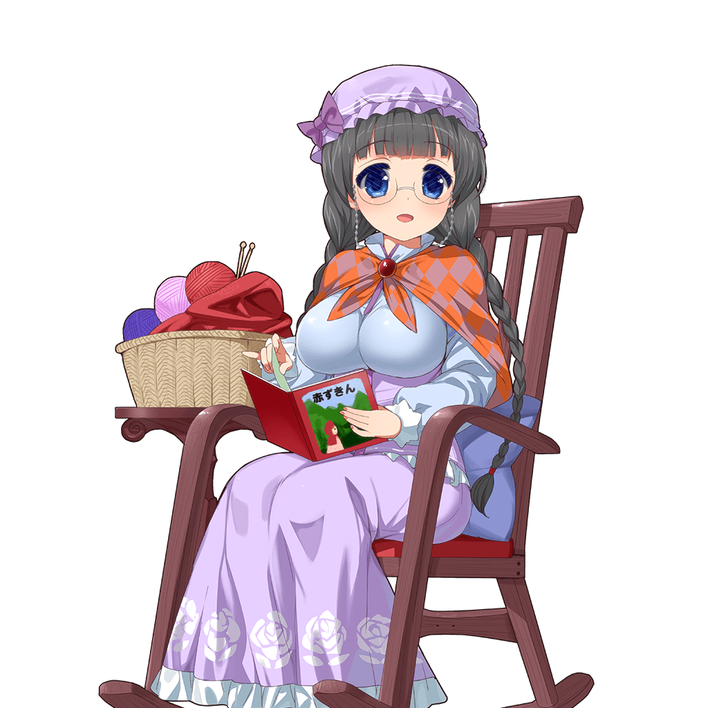 :d argyle bangs basket black_hair blue_eyes blunt_bangs blush book bow braid breasts brooch chain chair colored_eyelashes dress eyebrows_visible_through_hair eyewear_chain floral_print frilled_dress frills from_side full_body glasses hair_tie happy hat hat_bow holding holding_book jewelry knitting_needle kusaka_souji large_breasts little_red_riding_hood little_red_riding_hood_(grimm) long_dress long_hair long_sleeves looking_at_viewer mob_cap nail_polish needle official_art open_book open_mouth pillow pink_nails purple_bow purple_dress purple_hat rimless_eyewear rocking_chair roomy_powan rose_print round_eyewear shawl sitting sleeve_cuffs smile solo table translated transparent_background turtleneck twin_braids uchi_no_hime-sama_ga_ichiban_kawaii very_long_hair yarn yarn_ball