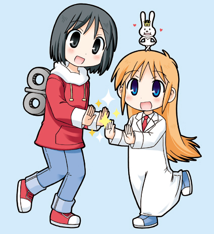 ac_japan arigato_usagi black_eyes black_hair blonde_hair blue_eyes bunny labcoat long_hair lowres multiple_girls necktie nekoma_kotomitsu nichijou open_mouth orange_hair professor_shinonome school_uniform shinonome_nano short_hair skirt smile winding_key